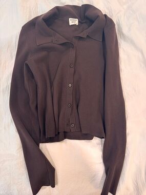 Sunday Best Dark Brown Button-Front Collared Knit Top